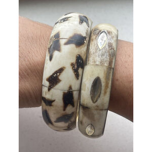 Vintage Bovine Bone & Brass Bangles Set of 2 Tribal Boho Artisan Jewelry